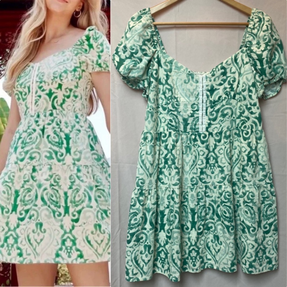 House of Harlow 1960 Women's Green Baroque Print Dress Size L Linen Blend Mini